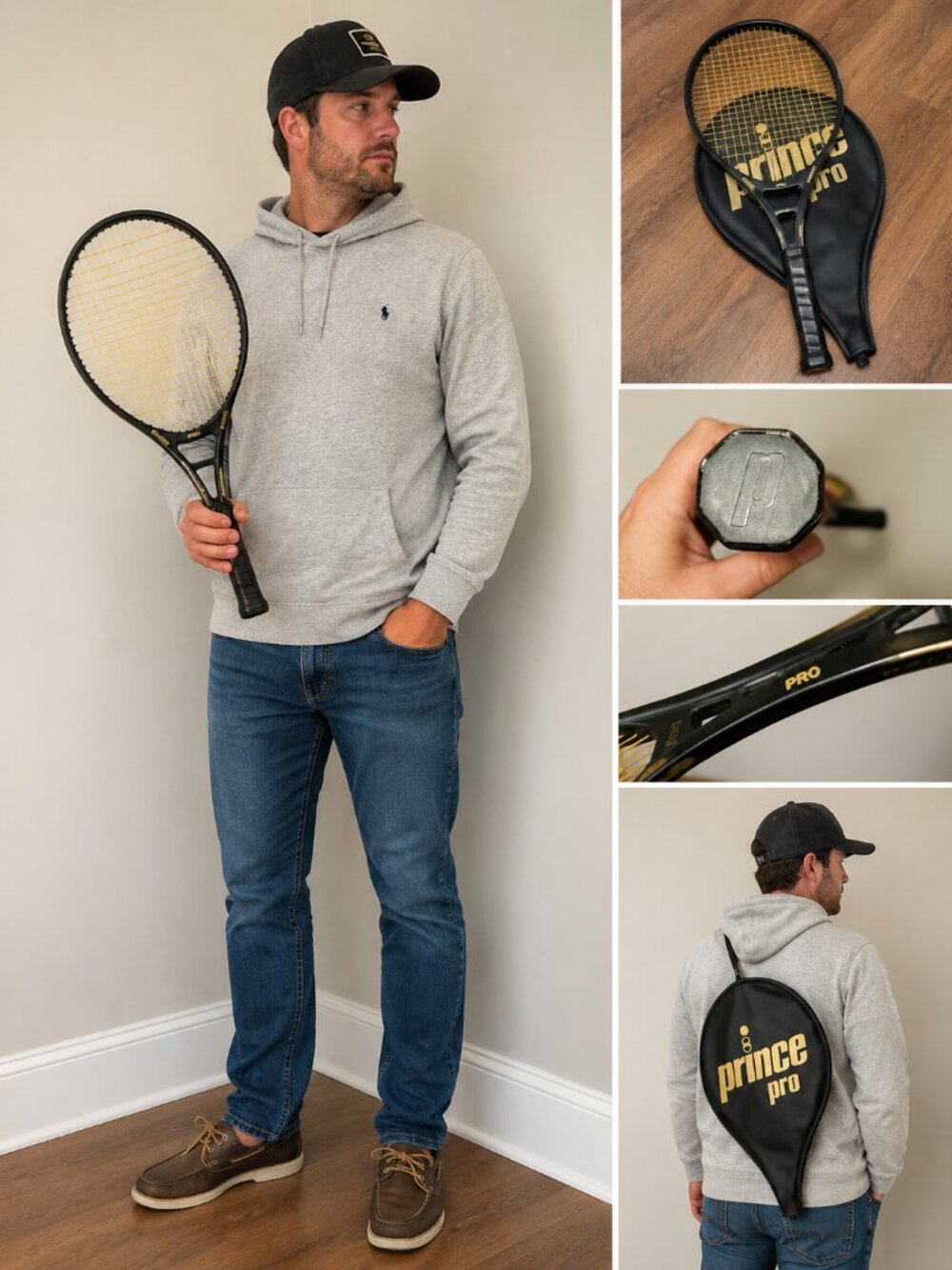 Vintage Prince Pro 4 1/2 Tennis Racquet Black Gold With Original Cover Made in U